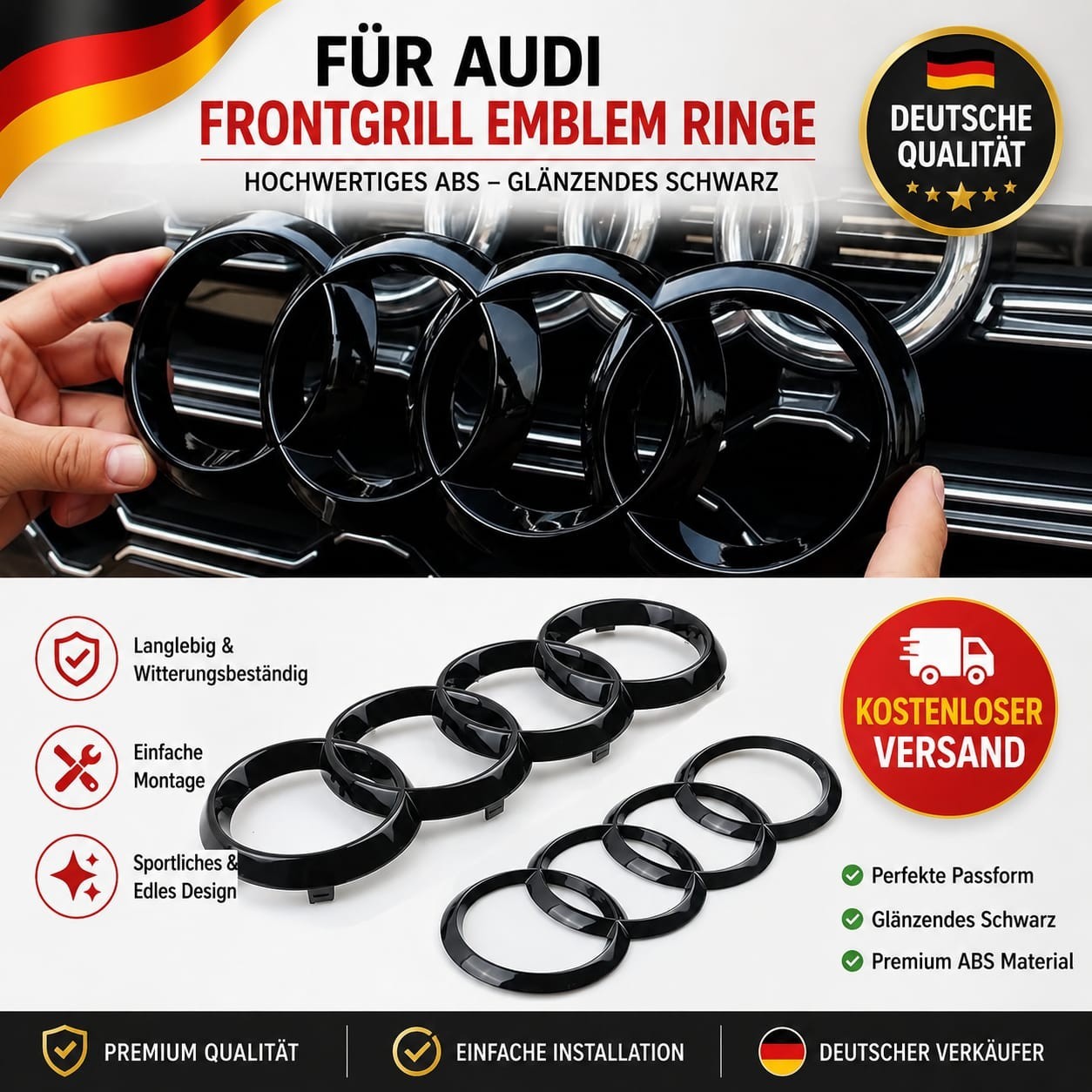 Audi 4 Ringe Logo Emblem Frontgrill Kofferraum Abzeichen A3 A4 A5 Q3 Q5 Q7 TT RS