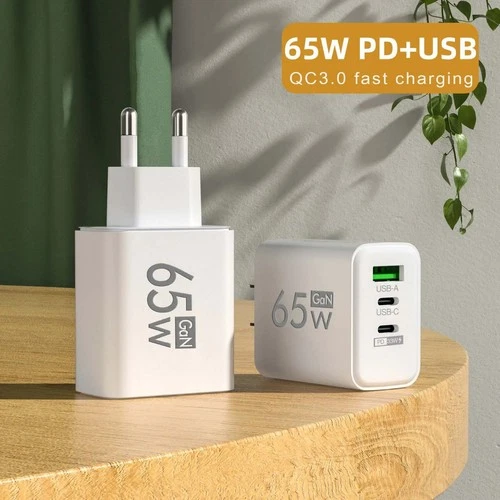 65W GaN Ladegerät 2x USB-C + USB-A Schnellladegerät PD Fast Netzteil für Handy