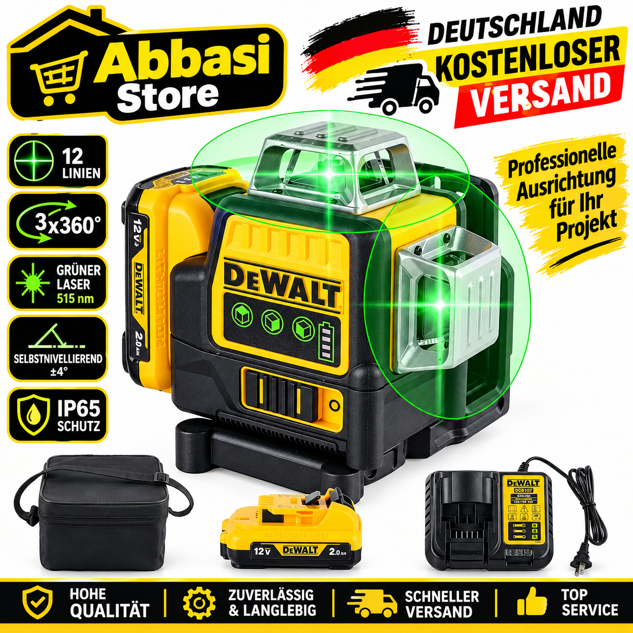 Dewalt DW089LG Kreuzlinienlaser 12 Linien 3x360° Grün Akku Selbstnivellierend
