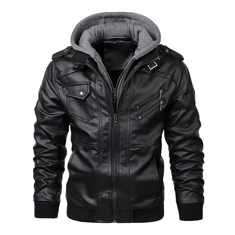 Herren PU-Lederjacke mit Kapuze – Gefütterte Biker Winterjacke Slim Fit neu DE