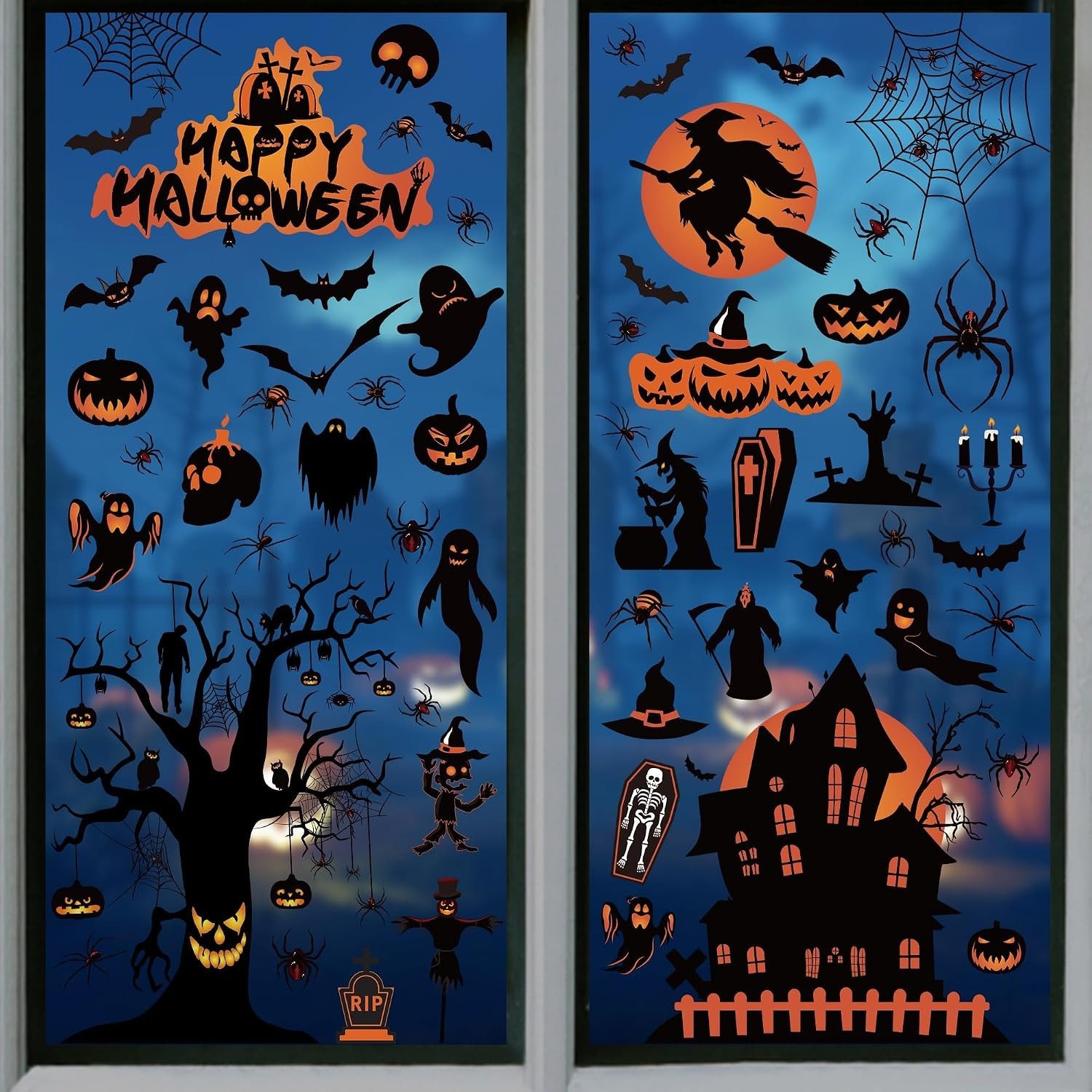 Halloween Deko Fensteraufkleber Kürbis Spinnennetz Fledermaus 98Pcs 11 Stück