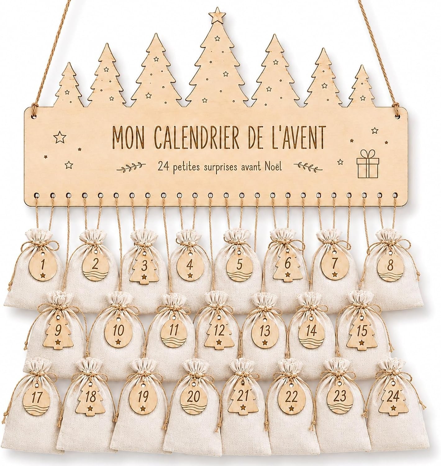 Adventskalender zum Befüllen 24 Jutesäckchen mit Holzplatte – DIY Weihnachtskale