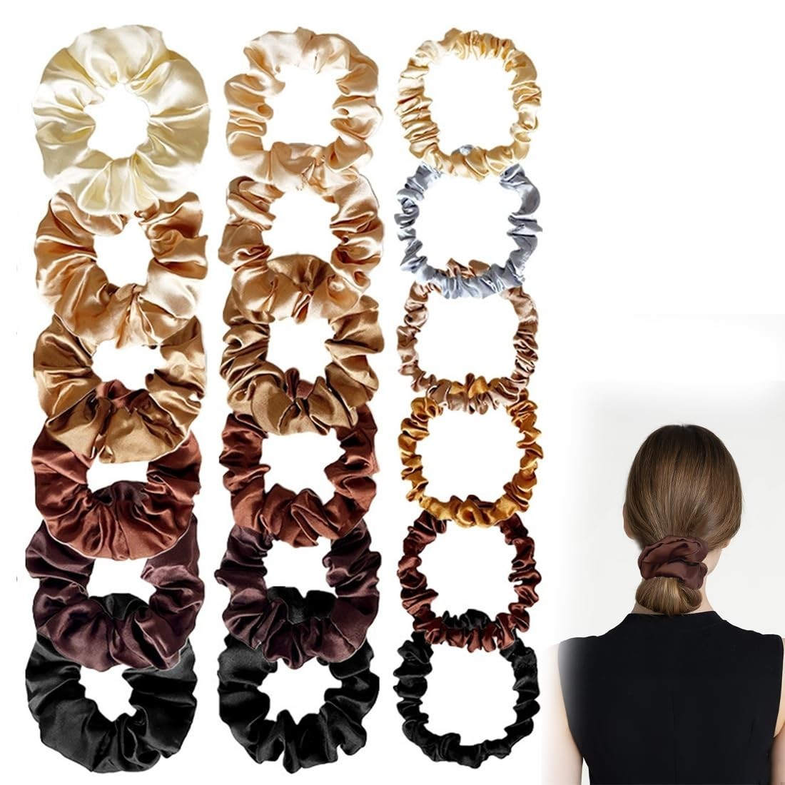 Seiden Scrunchies Damen Set mit 3 Größen für weniger Frizz und Haarbruch