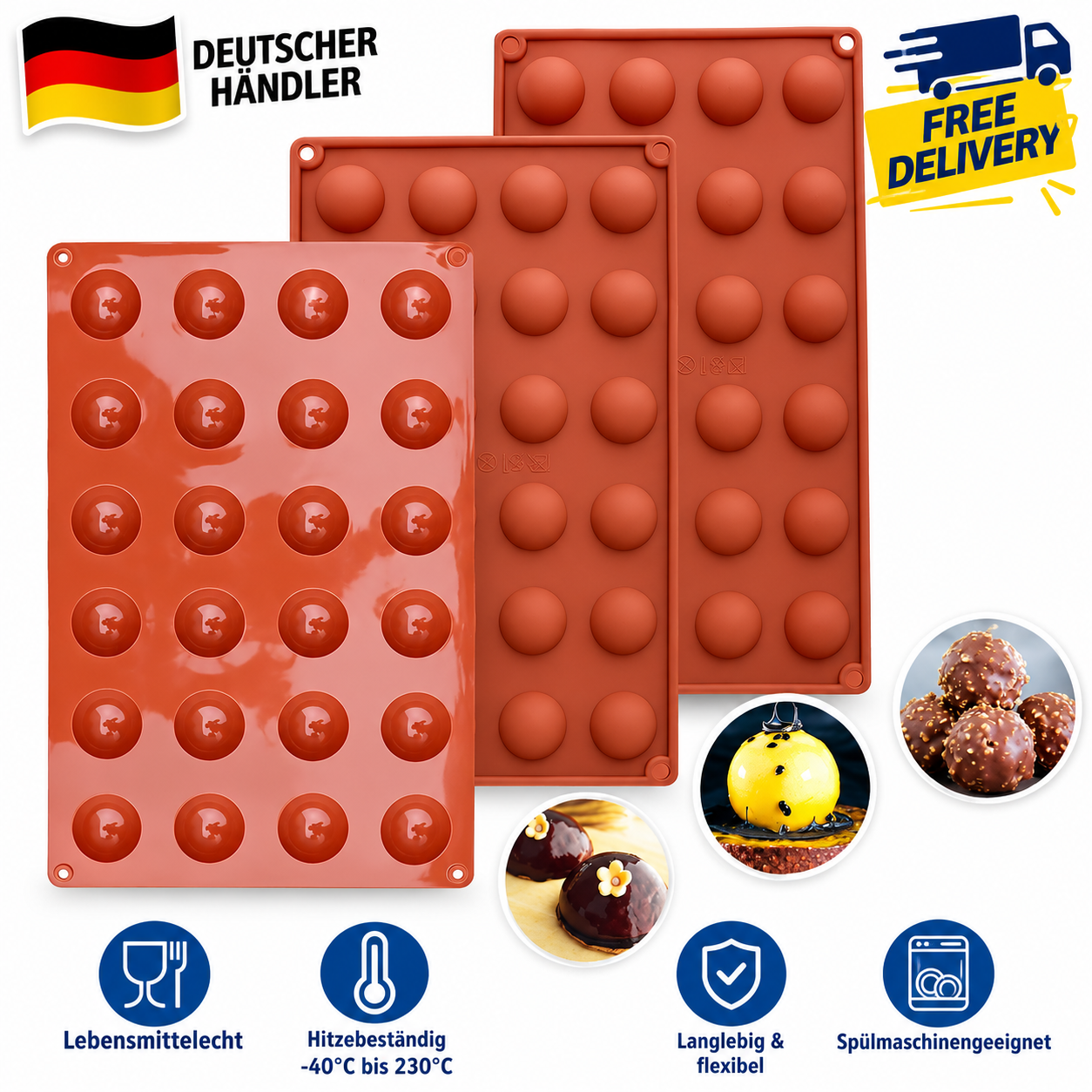 Silikonform Halbkugel 24 Mulden Pralinenform Schokolade Mousse Gelee Dessert