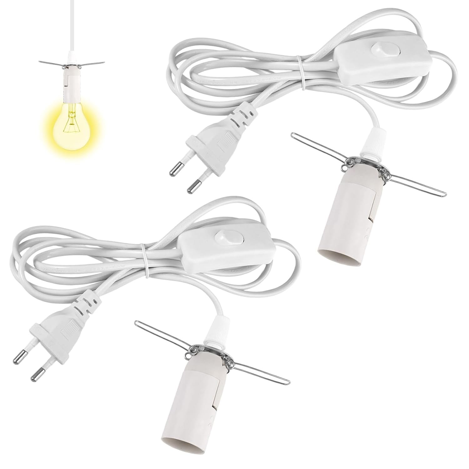Lampenfassung E14 mit Kabel und Schalter Weiß 2 Stück für Beleuchtung -DE