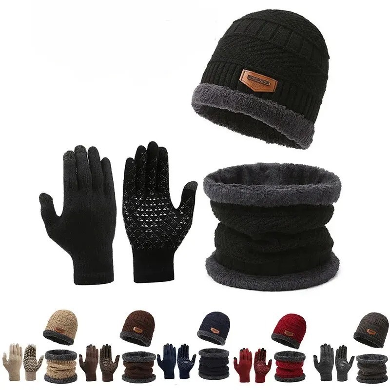 Herren Winterset 3-teilig – Warme Strickmütze, Schal und Handschuhe für Outdoor