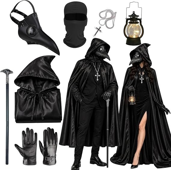 Pestdoktor Kostüm Herren Damen, Halloween Cosplay Outfit, Mittelalter, Schwarz