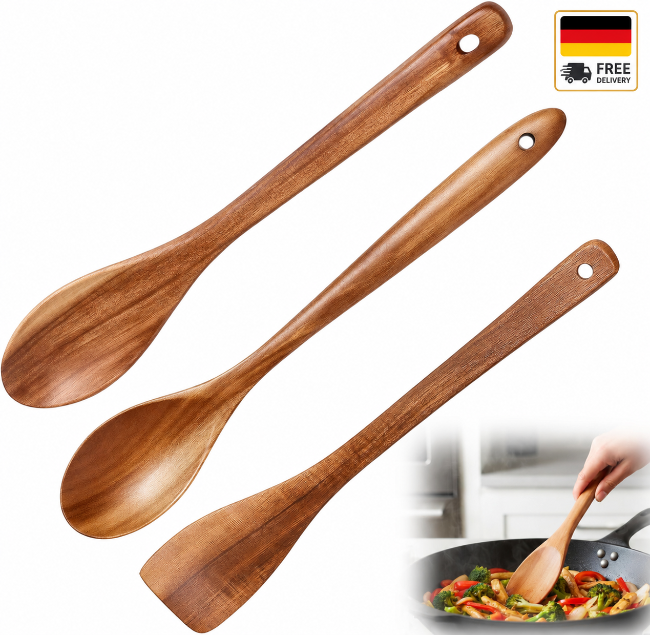 3 Stück Holzkochlöffel Set 25cm Kochlöffel Aus Holz Naturholz Holzlöffel - DE