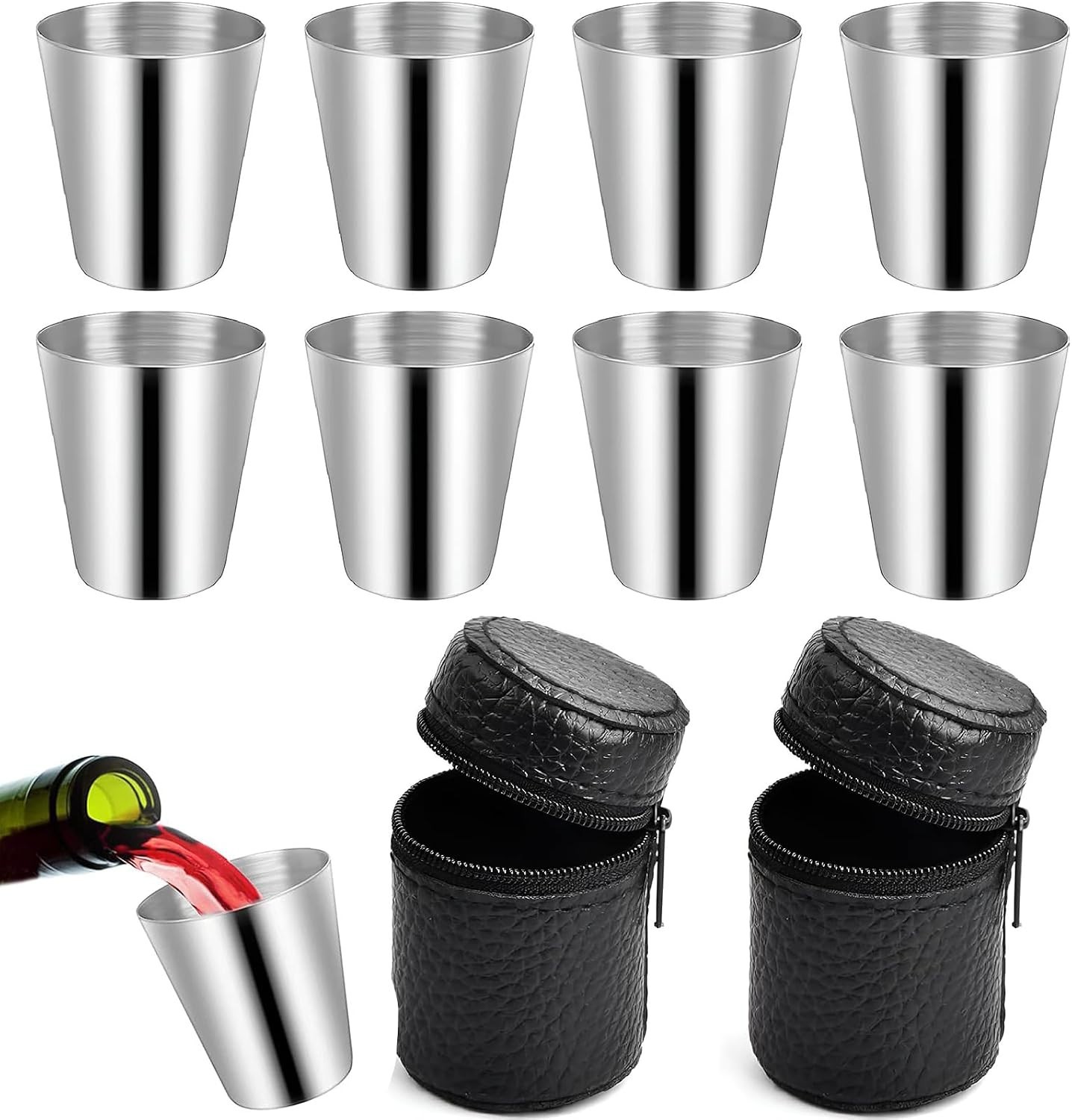 8 Edelstahl Schnapsbecher 30 ml stapelbar mit 2 schwarzen Etuis Camping